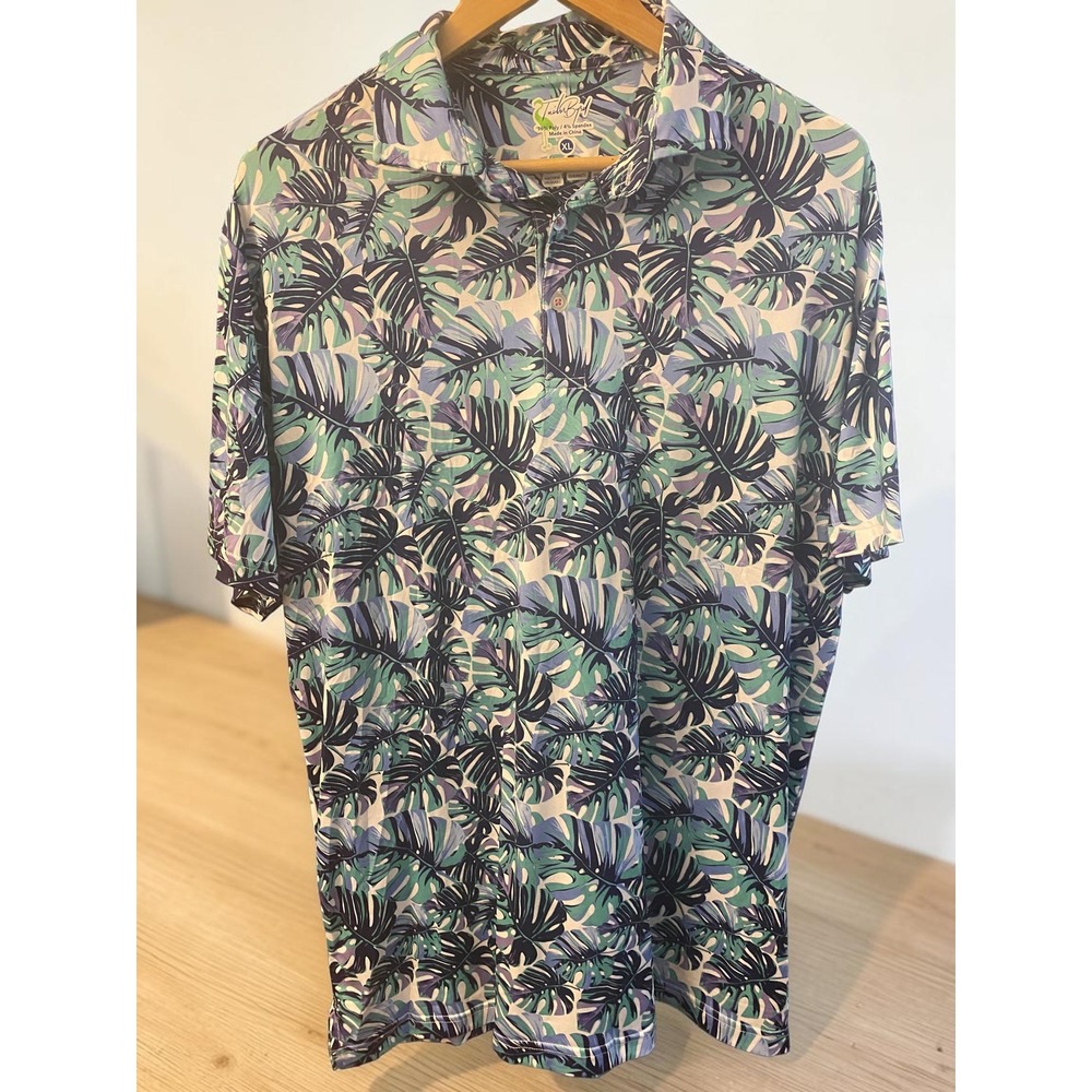 TailorByrd‎ Tropical Palm Print Teal Blue Men's Performance Polo Shirt Size XL